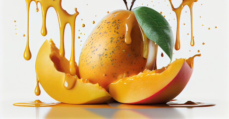 Naklejka na ściany i meble Dripping Mango Smoothie on Fresh Yellow Mangors Fruit on White Background AI Generative