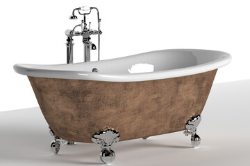 White bath for washing in a classic retro style with a chrome-plated cold and hot water mixer. 3d render illustration.