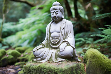 Tranquility in Nature: Buddha Statue in a Mossy Forest