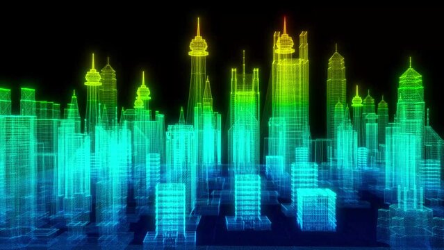 Futuristic city made of glowing particles. Abstract particles swirling and flowing on a black background. Looped seamless footage. 3D rendering 4K loop