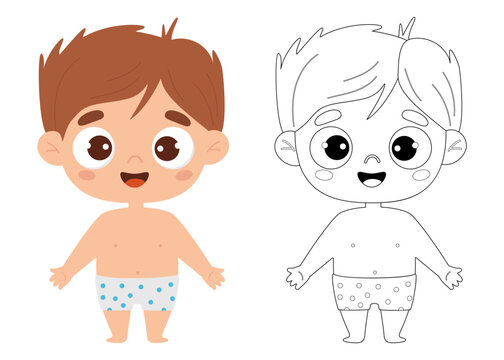 Cute cartoon smiling kid boy in shorts. Outline drawing coloring book and color drawing. Vector illustration. Childrens collection. Isolated funny kids on white background.