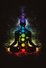 Front view silhouette of a man meditating and all chakras are displayed brightly. AI Generated