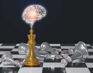 Thoughtful leaders and AI brains can create impact and different ideas. The graphically cerebral gold chess king stands out from the blurry black chess pieces.