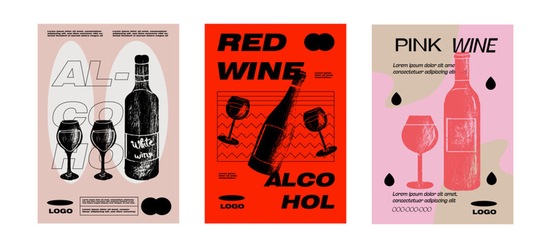 Wine Tasting Event Poster Set. Alcoholic beverage garnish. Minimalist vector illustration. 