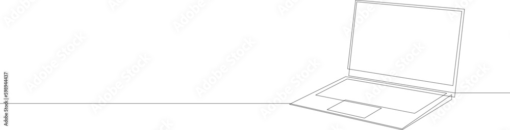 Poster continuous one line drawing of notebook laptop opened. vector illustration.