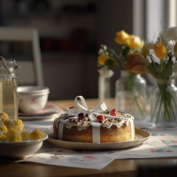 Muttertag Geburtstags Brunch Fr&uuml;hst&uuml;ck mit frisch gebackenen Kuchen am Tisch Geschenk Fr&uuml;hling Sommer