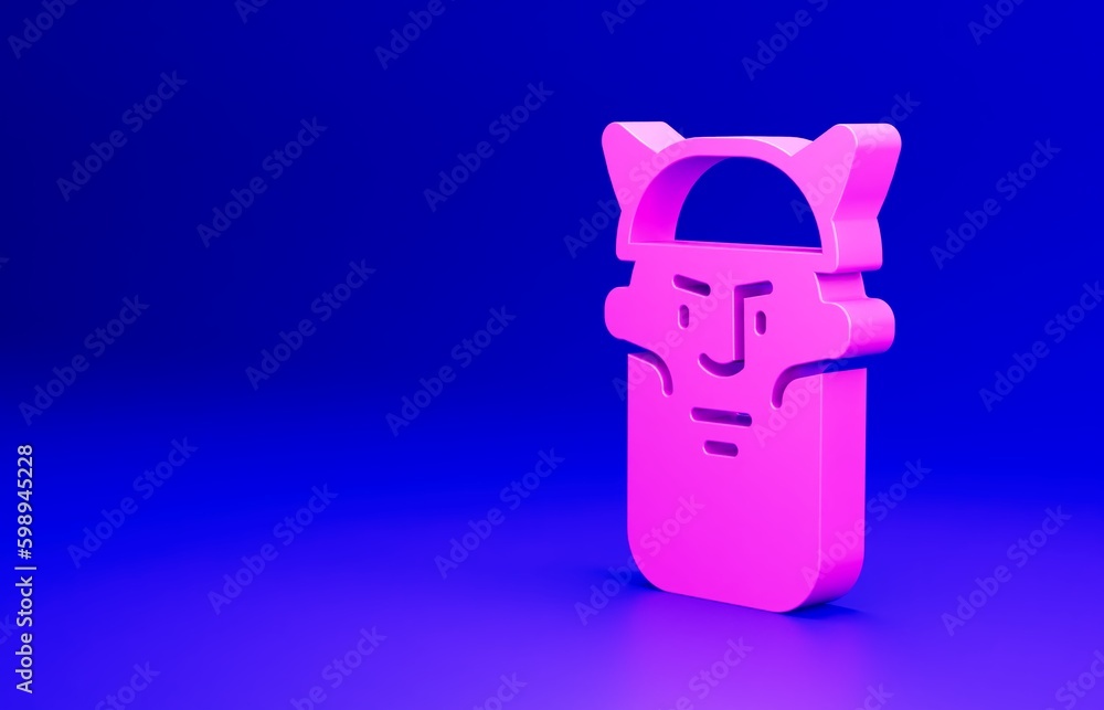 Sticker Pink Viking head icon isolated on blue background. Minimalism concept. 3D render illustration