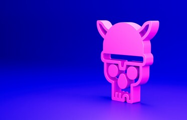 Pink Skull with viking helmet icon isolated on blue background. Happy Halloween party. Minimalism concept. 3D render illustration