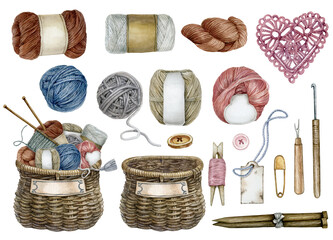 Knitting threads watercolor elements set. A ball of yarn crochet thread, handcraft supplies, sewing, embroidering. Woolen knitting needles in warm colors. White background - obrazy, fototapety, plakaty