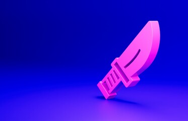 Pink Dagger icon isolated on blue background. Knife icon. Sword with sharp blade. Minimalism concept. 3D render illustration