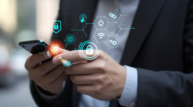 Digital scanner. Cybersecurity privacy of data protection, businessman using laptop Secure encryption technology, security encryption of user private data, business confidentiality