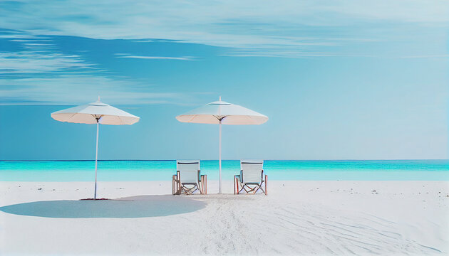 Vibrant Beach Panorama: White Sand, Chairs, Umbrella & Scenic Travel Tourism Background (Generative AI)