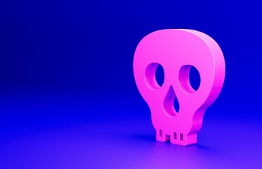Pink Skull icon isolated on blue background. Happy Halloween party. Minimalism concept. 3D render illustration