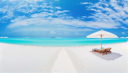 Fototapeta na wymiar Vibrant Beach Panorama: White Sand, Chairs, Umbrella & Scenic Travel Tourism Background (Generative AI)