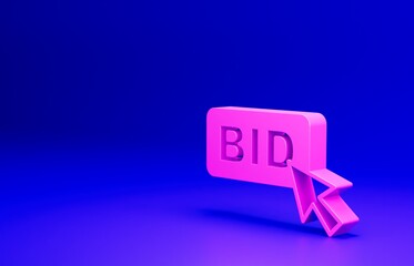 Pink Bid icon isolated on blue background. Auction bidding. Sale and buyers. Minimalism concept. 3D render illustration