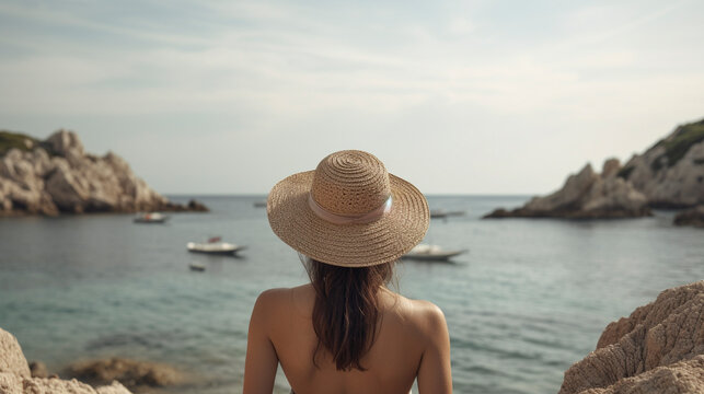 Back View of Unrecognizable Woman in Swimwear Admiring Blue Sea during the holiday - Generative Ai