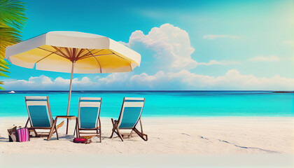 Fototapeta na wymiar Vibrant Beach Panorama: White Sand, Chairs, Umbrella & Scenic Travel Tourism Background (Generative AI)