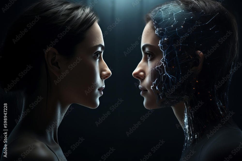 Poster person looking at a digital artificial intelligence version of themselves. deep fake. generative ai 