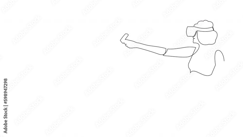 Poster self drawing animation of girl using vr with single continuous one line art. animated smart technolo