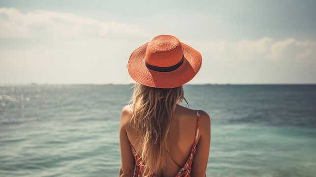 Back View of Unrecognizable French Model in Swimwear and Elegant Hat on Blue Lagoon - Generative Ai