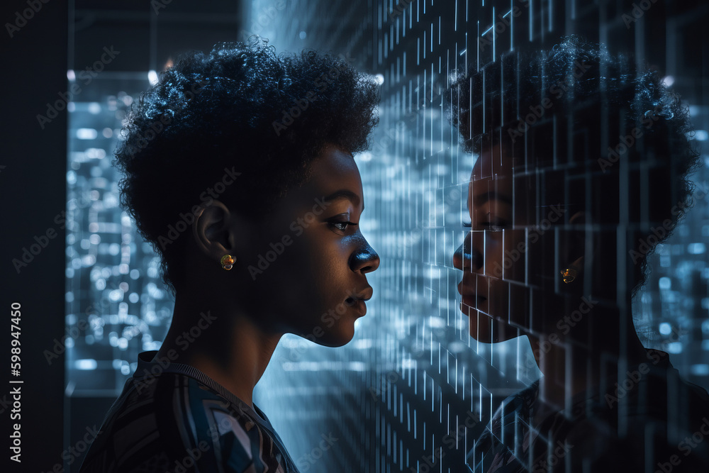 Poster person looking at a digital artificial intelligence version of themselves. deep fake. generative ai 