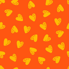 Orange seamless pattern with yellow doodle hearts