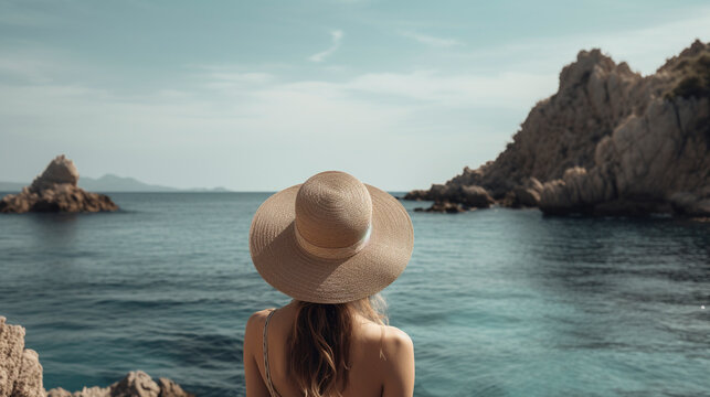 Back View of Unrecognizable Woman in Elegant Beach Hat Observing Blue Lagoon - Generative Ai