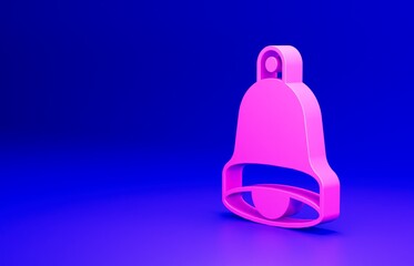 Pink Church bell icon isolated on blue background. Alarm symbol, service bell, handbell sign, notification symbol. Minimalism concept. 3D render illustration