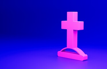 Fototapeta premium Pink Grave with cross icon isolated on blue background. Minimalism concept. 3D render illustration