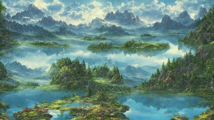Mystical Landscape of Lakes and Forests surrounded by Mountains