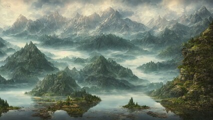 Mystical Landscape of Lakes and Forests surrounded by Mountains