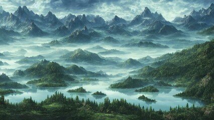 Fototapeta na wymiar Mystical Landscape of Lakes and Forests surrounded by Mountains