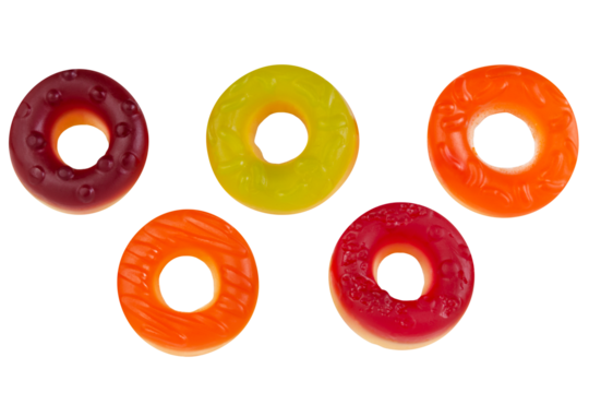 Set of colored jelly candies miniature donuts isolated on transparent background.