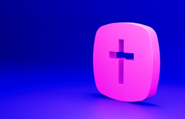 Pink Christian cross icon isolated on blue background. Church cross. Minimalism concept. 3D render illustration