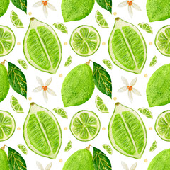 Watercolor seamless pattern, lime, bloom, cut and green dots on white background. Pattern for various food products etc.