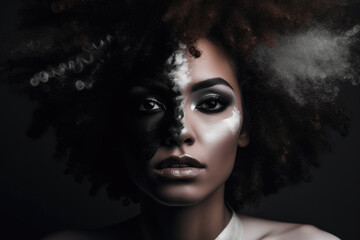 Black woman with her face painted like she's from an African tribe on dark background. Generative AI.