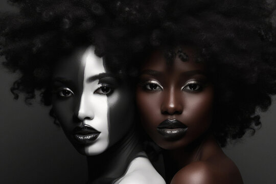 Two african models with her face painted like they are from an African tribe on dark background. Generative AI.