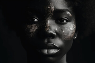 Black woman with her face painted like she's from an African tribe on dark background. Generative AI.