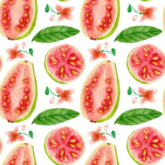 Watercolor pattern, guava, bloom and leaves on white background. Pattern for kitchen fabric, various food products etc.