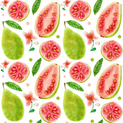Watercolor seamless pattern, guava, bloom, cut, dots on white background. For kitchen fabric, various food products etc.