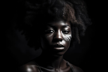 Black woman with her face painted like she's from an African tribe on dark background. Generative AI.