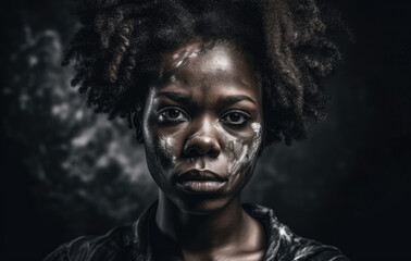 Black woman with her face painted like she's from an African tribe on dark background. Generative AI.