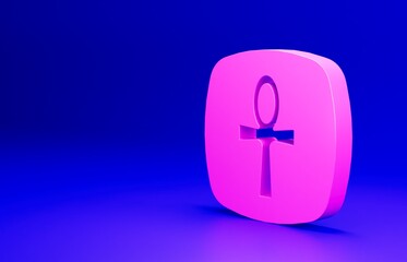 Pink Cross ankh icon isolated on blue background. Egyptian word for life or symbol of immortality. Minimalism concept. 3D render illustration