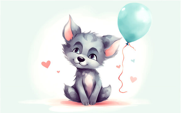 Happy Birthday. Cute wolf with balloon. Illustration. Post processed AI generated image