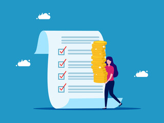 Woman with money and checklist. Investment and financial planning. vector illustration