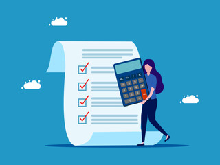 Woman holding a calculator with checklist documents. Accounting and Financial Planning vector - obrazy, fototapety, plakaty
