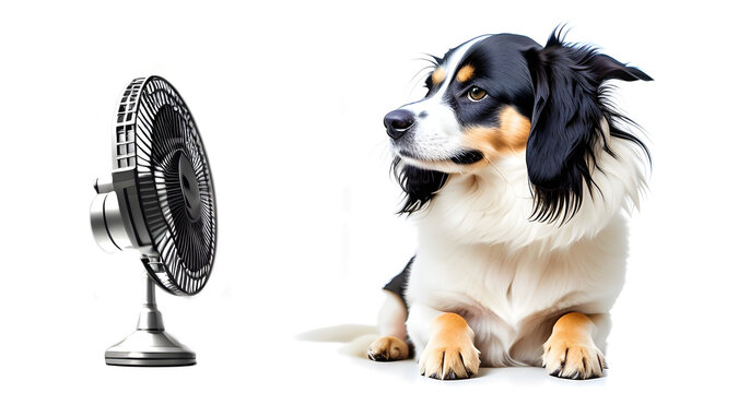 Chien se rafra&icirc;chissant &agrave; c&ocirc;t&eacute; d'un ventilateur en &eacute;t&eacute;,IA g&eacute;n&eacute;rative.
