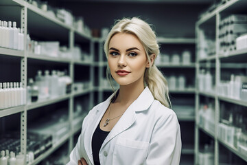 Fototapeta premium Woman Pharmacist / Lab Technician. Generative AI. A fictional person created with generative AI. A woman pharmacist or a lab technician in a working environment.