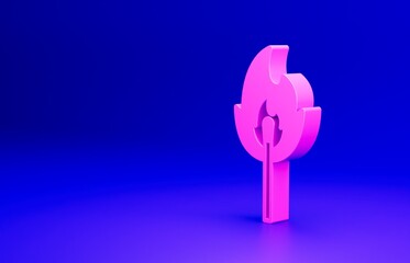 Pink Burning match with fire icon isolated on blue background. Match with fire. Matches sign. Minimalism concept. 3D render illustration