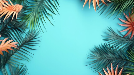 Fototapeta na wymiar Summer Background with Tropical leaves on a blue background generative ai